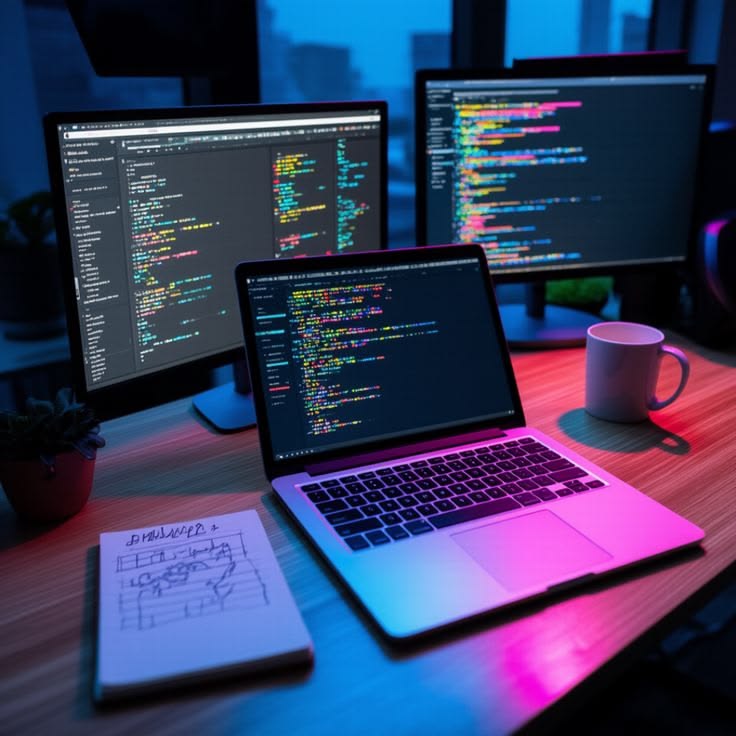 Poste de développement avec code affiché sur plusieurs écrans