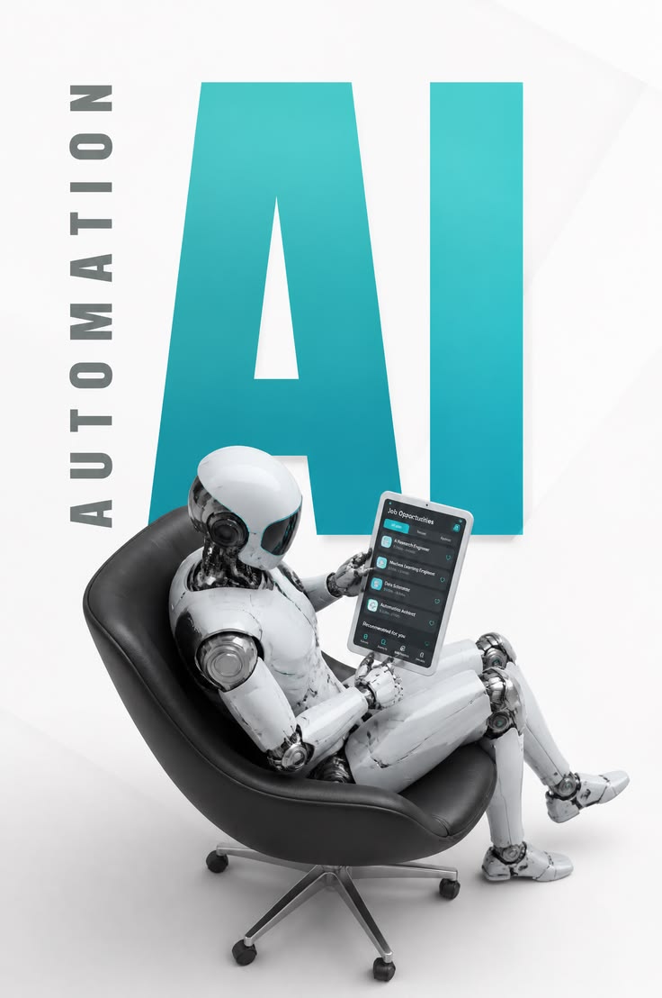 Robot assis consultant une tablette devant les lettres AI